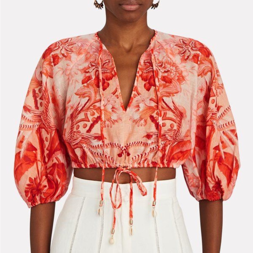 Zimmermann Puff Sleeve Crop Blouse in Orange and Pink